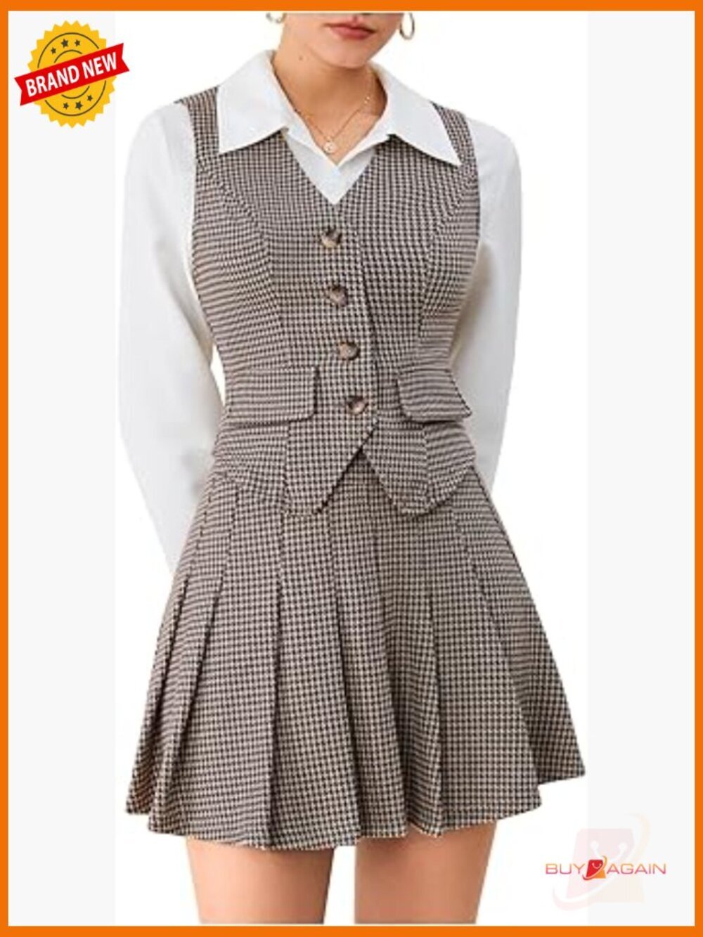 Women's Plaid Skirt Set - Blazer Vest & Pleated Mini Skirt 2 Piece Outfit